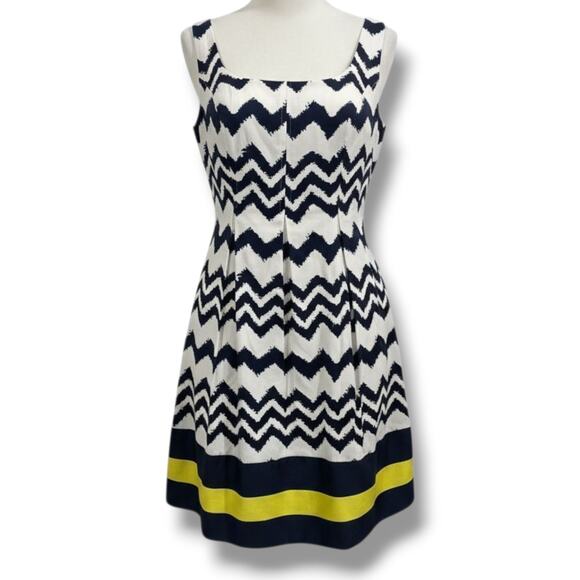 Jones Studio Navy White Chevron Fit & Flare Dress – Size 8, Lined, Zip Back, New - Picture 1 of 9